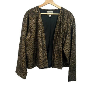 Chico's Silk Animal Print Open Jacket Size XL 3 Brown Black Open Front Grommets
